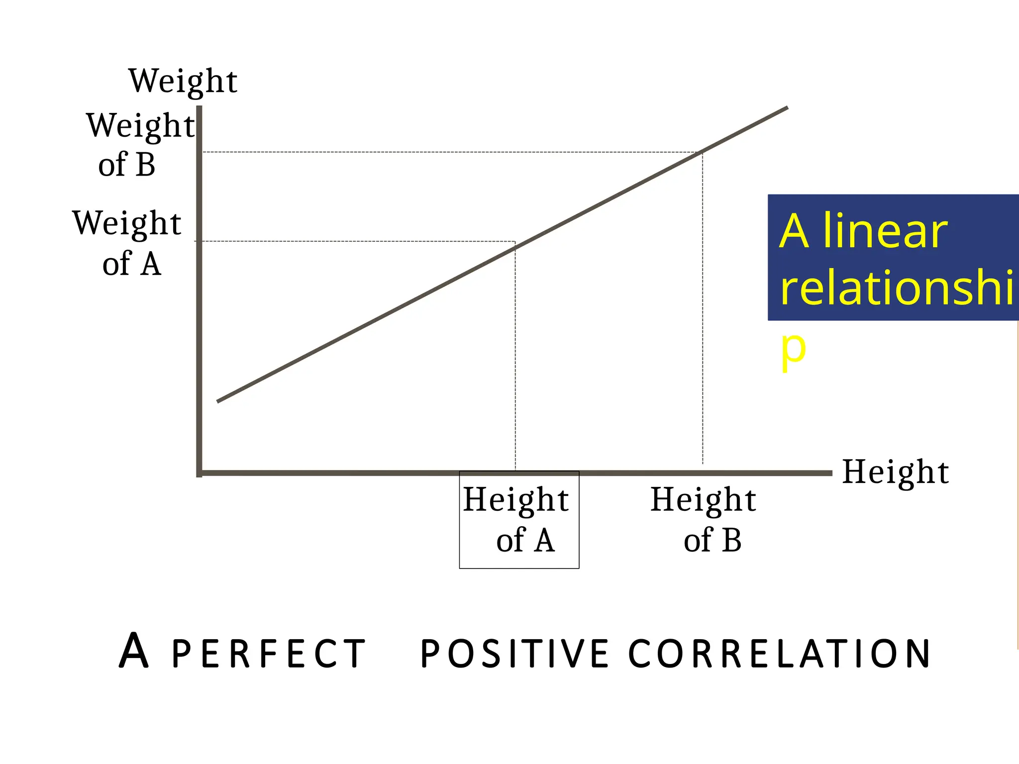 A P E R F E C T P O S ITIVE CORREL ATION
Height
Height
of A
Height
of B
Weight
Weight
of B
Weight
of A
A linear
relationshi
p
 