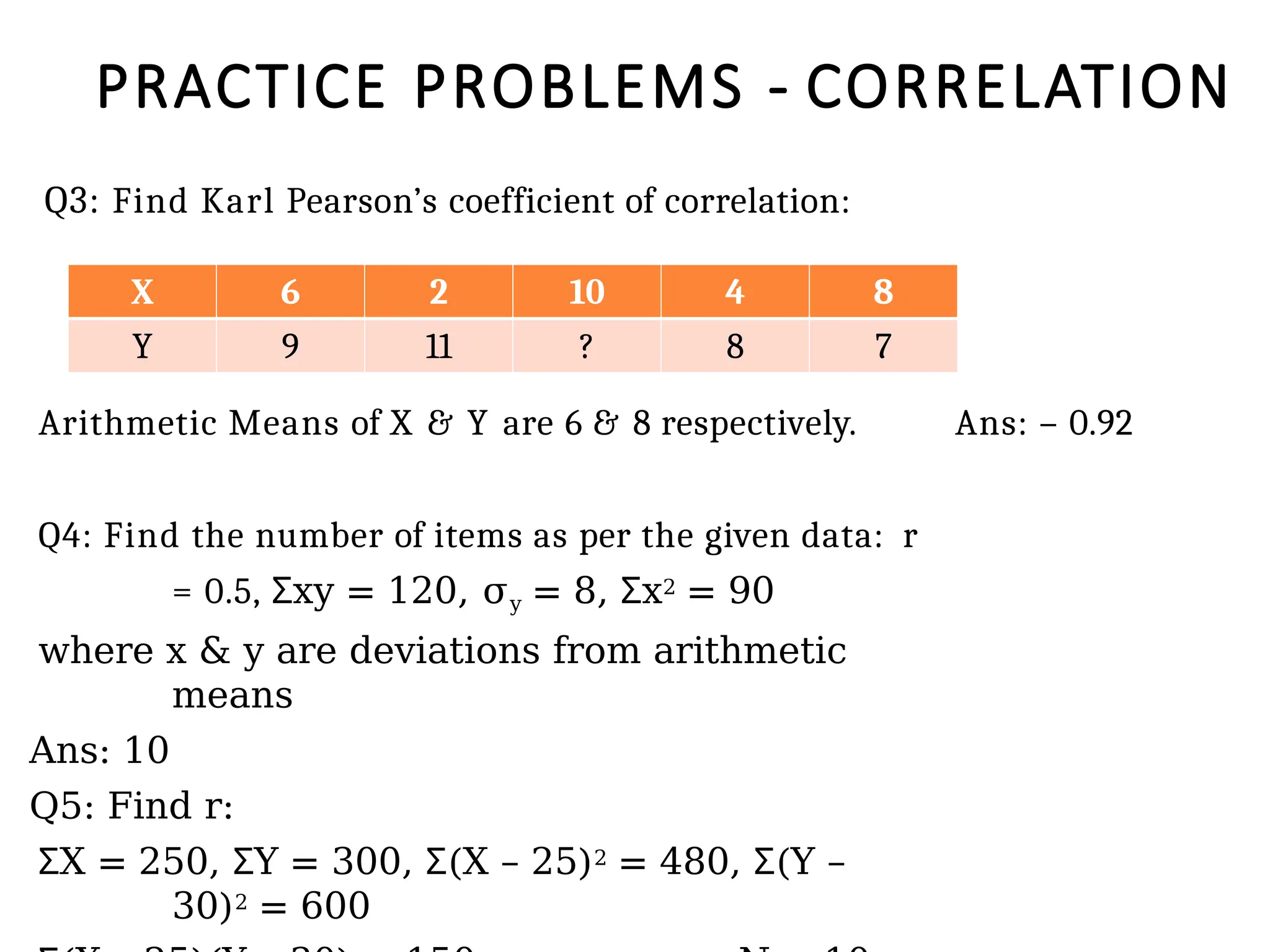 PRACTICE PROBLEMS - CORRELATION
Q3: Find Karl Pearson’s coefficient of correlation:
Arithmetic Means of X & Y are 6 & 8 respectively. Ans: – 0.92
Q4: Find the number of items as per the given data: r
= 0.5, xy
Ʃ = 120, σy = 8, x
Ʃ 2 = 90
where x & y are deviations from arithmetic
means
Ans: 10
Q5: Find r:
X
Ʃ = 250, Y
Ʃ = 300, (X
Ʃ – 25)2 = 480, (Y
Ʃ –
30)2 = 600
X 6 2 10 4 8
Y 9 11 ? 8 7
 