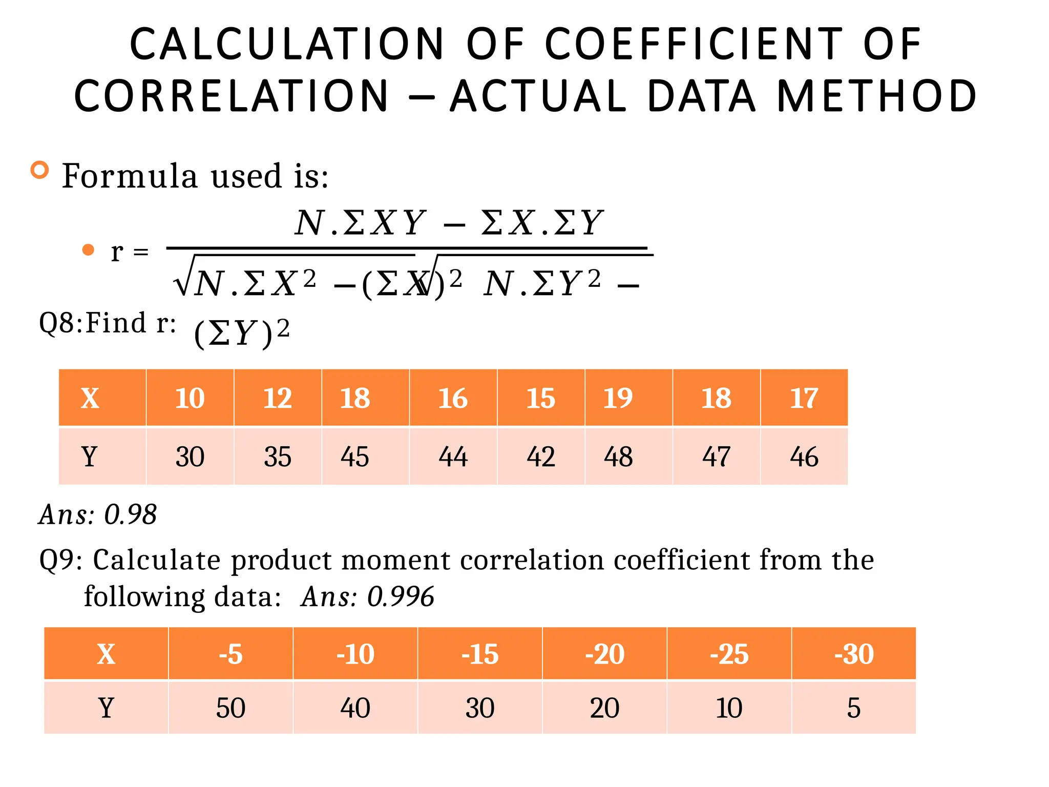 CALCULATION OF COEFFICIENT OF
CORRELATION – ACTUAL DATA METHOD
 Formula used is:
⚫ r =
𝑁.Σ𝑋𝑌 − Σ𝑋.Σ𝑌
𝑁.Σ𝑋2 −(Σ𝑋)2 𝑁.Σ𝑌2 −
(Σ𝑌)2
Q8:Find r:
Ans: 0.98
Q9: Calculate product moment correlation coefficient from the
following data: Ans: 0.996
X 10 12 18 16 15 19 18 17
Y 30 35 45 44 42 48 47 46
X -5 -10 -15 -20 -25 -30
Y 50 40 30 20 10 5
 