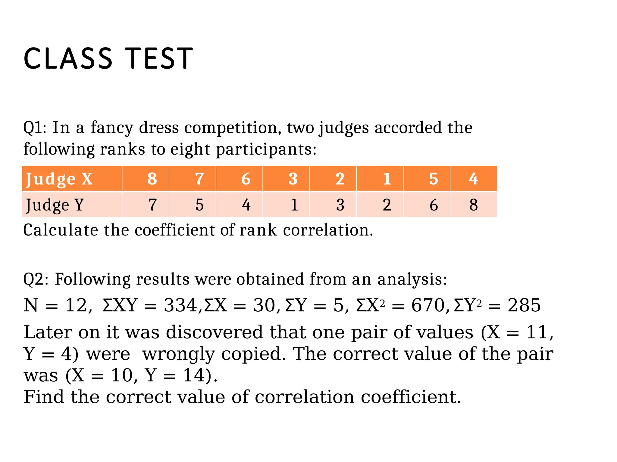 CLASS TEST
Q1: In a fancy dress competition, two judges accorded the
following ranks to eight participants:
Calculate the coefficient of rank correlation.
Q2: Following results were obtained from an analysis:
N = 12, XY
Ʃ = 334, X
Ʃ = 30, Y
Ʃ = 5, X
Ʃ 2 = 670, Y
Ʃ 2 = 285
Later on it was discovered that one pair of values (X = 11,
Y = 4) were wrongly copied. The correct value of the pair
was (X = 10, Y = 14).
Find the correct value of correlation coefficient.
Judge X 8 7 6 3 2 1 5 4
Judge Y 7 5 4 1 3 2 6 8
 