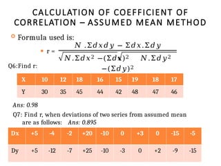 CALCULATION OF COEFFICIENT OF
CORRELATION – ASSUMED MEAN METHOD
 Formula used is:
⚫ r =
𝑁 .Σ𝑑𝑥𝑑𝑦 − Σ𝑑𝑥.Σ𝑑𝑦
𝑁.Σ𝑑𝑥2 −(Σ𝑑𝑥)2 𝑁.Σ𝑑𝑦2
−(Σ𝑑𝑦)2
Q6:Find r:
Ans: 0.98
Q7: Find r, when deviations of two series from assumed mean
are as follows: Ans: 0.895
X 10 12 18 16 15 19 18 17
Y 30 35 45 44 42 48 47 46
Dx +5 -4 -2 +20 -10 0 +3 0 -15 -5
Dy +5 -12 -7 +25 -10 -3 0 +2 -9 -15
 