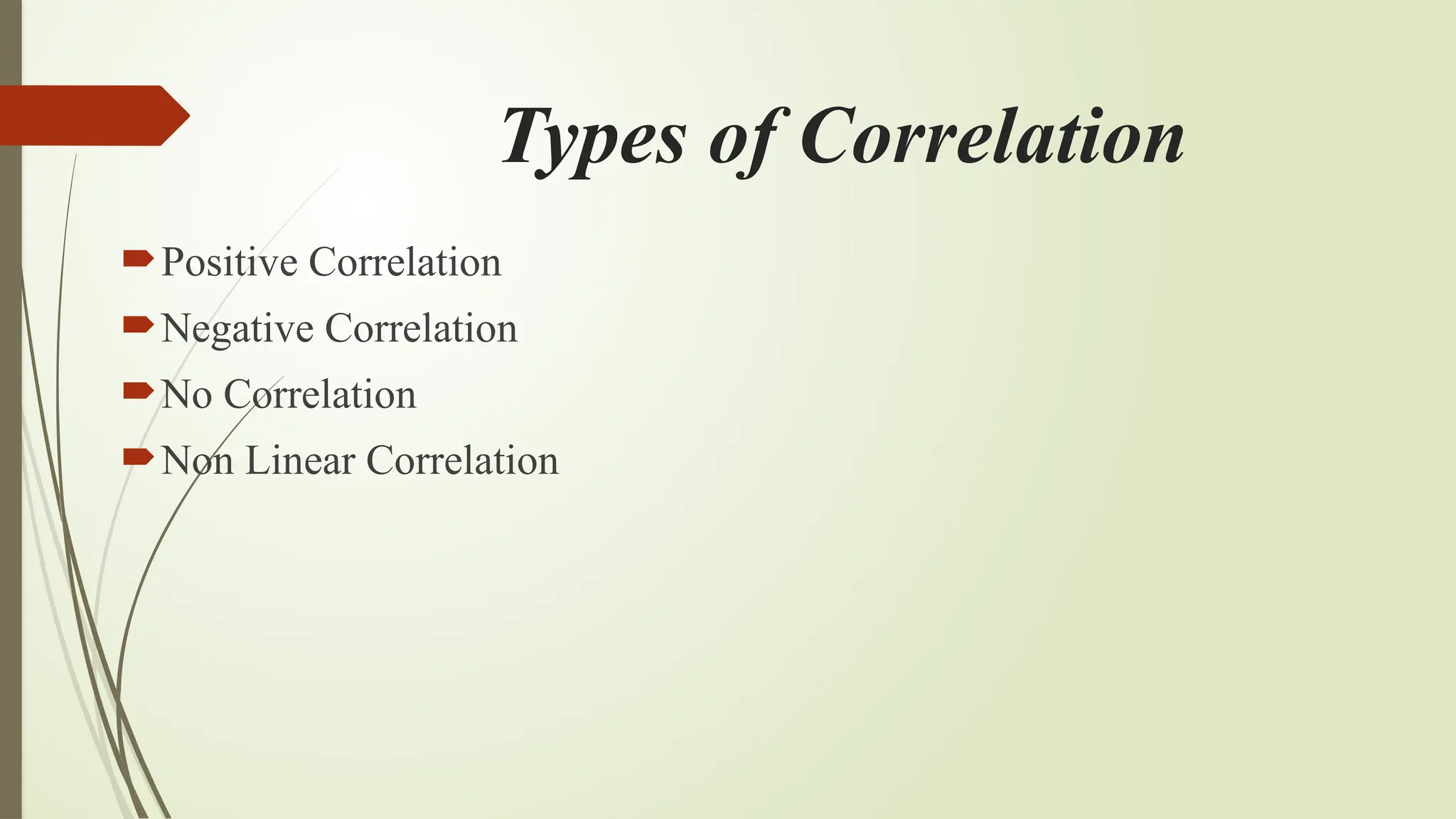 Types of Correlation
Positive Correlation
Negative Correlation
No Correlation
Non Linear Correlation
 