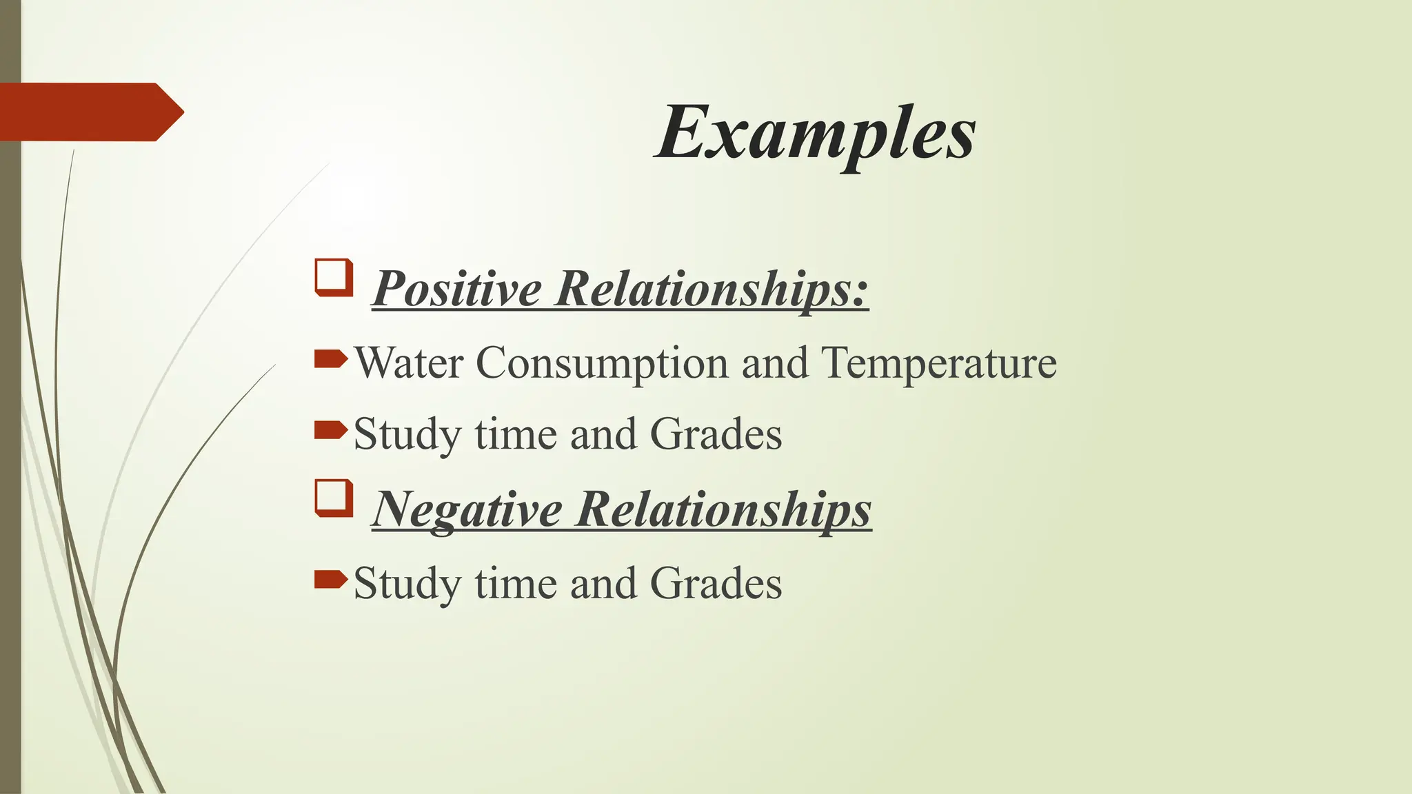 Examples
 Positive Relationships:
Water Consumption and Temperature
Study time and Grades
 Negative Relationships
Study time and Grades
 