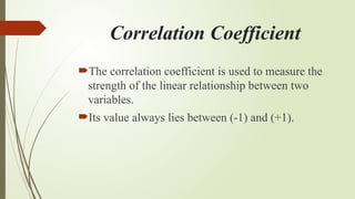 Correlation Coefficient
The correlation coefficient is used to measure the
strength of the linear relationship between two
variables.
Its value always lies between (-1) and (+1).
 