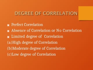 ▣ Perfect Correlation
▣ Absence of Correlation or No Correlation
▣ Limited degree of Correlation
(a)High degree of Correlation
(b)Moderate degree of Correlation
(c)Low degree of Correlation
 