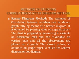 ▣ Scatter Diagram Method: The existence of
Correlation between variables can be shown
graphically by means of a Scatter diagram. It
is obtained by plotting value on a graph paper.
The chart is prepared by measuring X- variable
on horizontal axis and the Y-variable on
vertical axis and all the observations are
plotted on a graph. The cluster points, so
obtained on graph paper is called the Scatter
diagram or dot diagram.
 