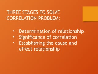 THREE STAGES TO SOLVE
CORRELATION PROBLEM:
• Determination of relationship
• Significance of correlation
• Establishing the cause and
effect relationship
 