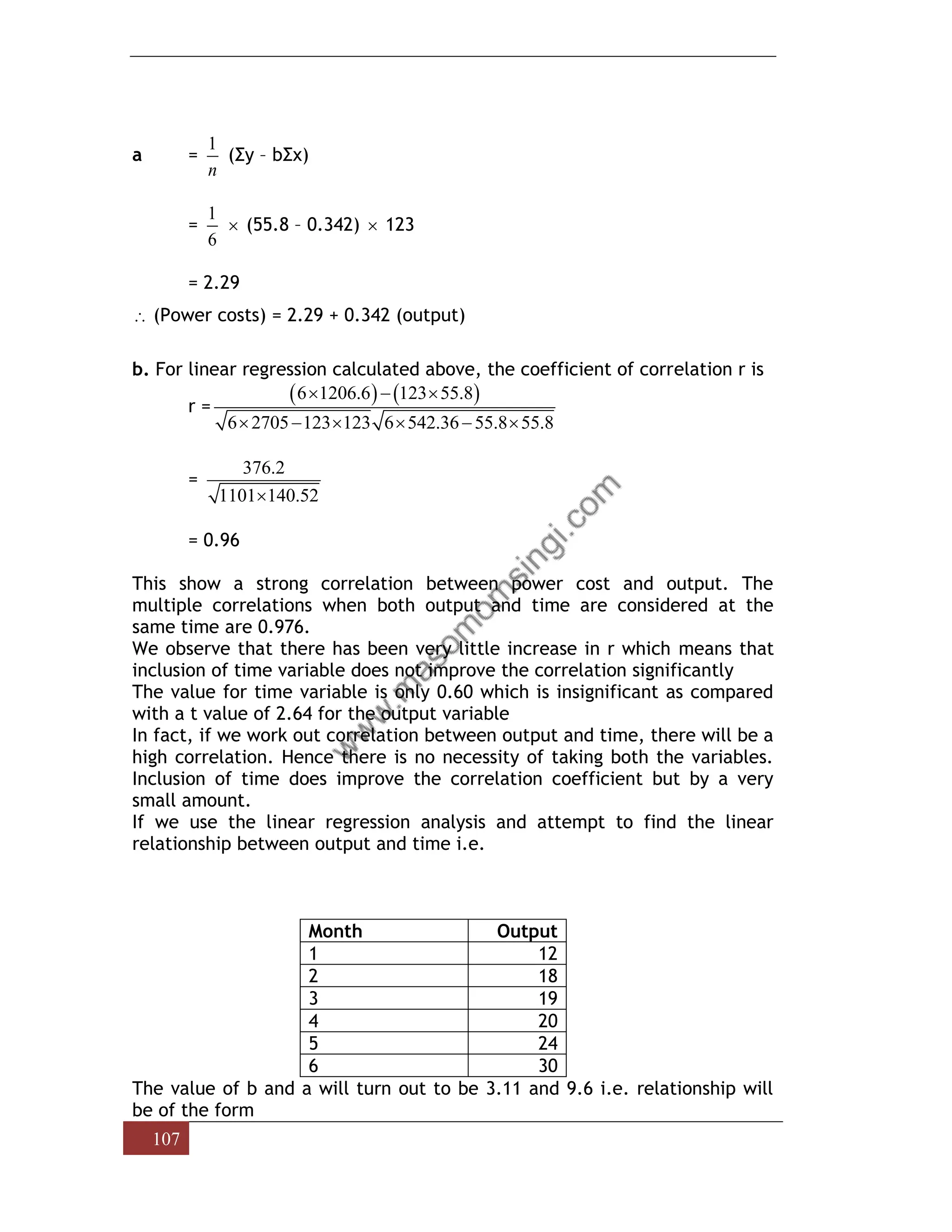 107
a =
1
n
(Σy – bΣx)
=
1
6
 (55.8 – 0.342)  123
= 2.29
 (Power costs) = 2.29 + 0.342 (output)
b. For linear regression calculated above, the coefficient of correlation r is
r =
( ) ( )
6 1206.6 123 55.8
6 2705 123 123 6 542.36 55.8 55.8
 − 
 −   − 
=
376.2
1101 140.52

= 0.96
This show a strong correlation between power cost and output. The
multiple correlations when both output and time are considered at the
same time are 0.976.
We observe that there has been very little increase in r which means that
inclusion of time variable does not improve the correlation significantly
The value for time variable is only 0.60 which is insignificant as compared
with a t value of 2.64 for the output variable
In fact, if we work out correlation between output and time, there will be a
high correlation. Hence there is no necessity of taking both the variables.
Inclusion of time does improve the correlation coefficient but by a very
small amount.
If we use the linear regression analysis and attempt to find the linear
relationship between output and time i.e.
Month Output
1 12
2 18
3 19
4 20
5 24
6 30
The value of b and a will turn out to be 3.11 and 9.6 i.e. relationship will
be of the form
 