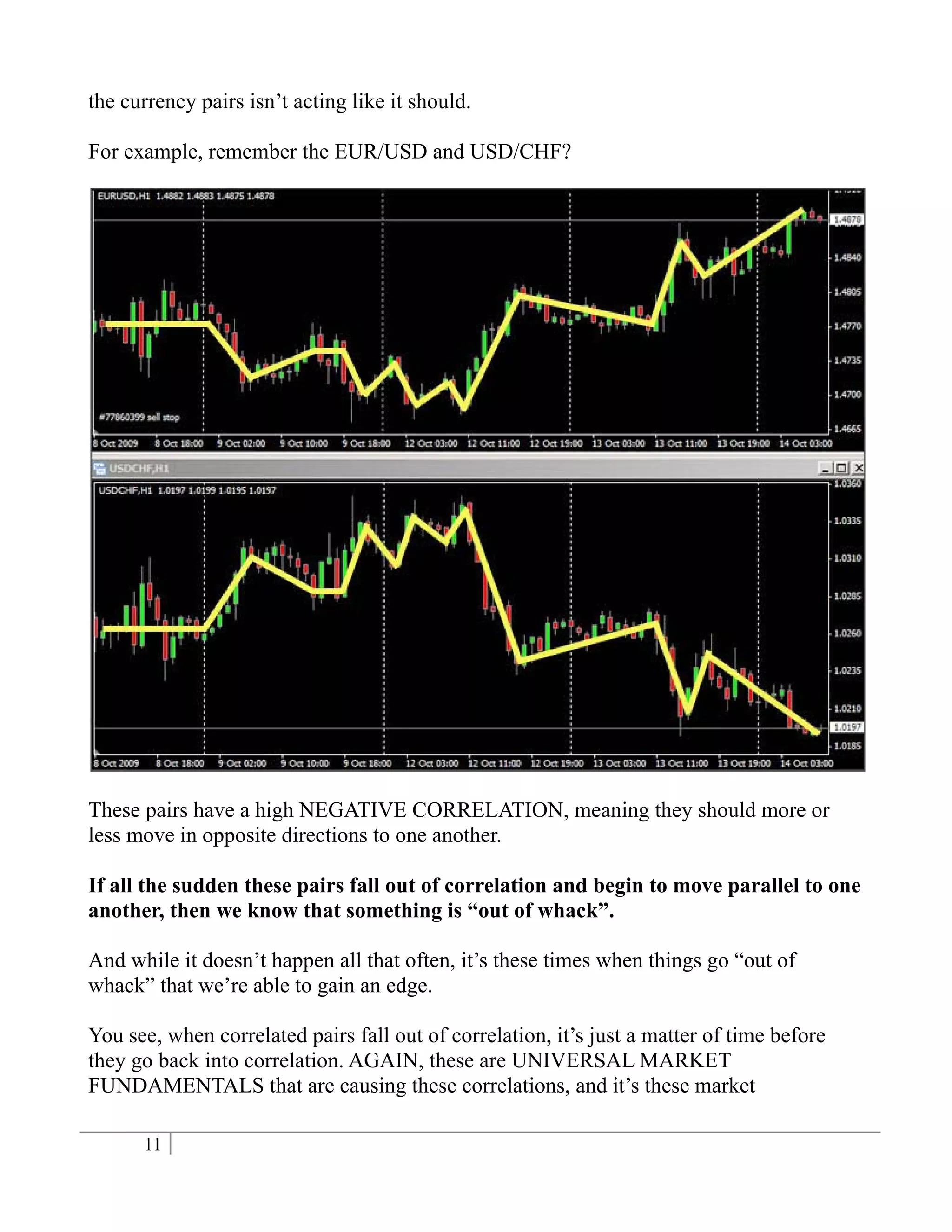 the currency pairs isn’t acting like it should.

For example, remember the EUR/USD and USD/CHF?




These pairs have a high NEGATIVE CORRELATION, meaning they should more or
less move in opposite directions to one another.

If all the sudden these pairs fall out of correlation and begin to move parallel to one
another, then we know that something is “out of whack”.

And while it doesn’t happen all that often, it’s these times when things go “out of
whack” that we’re able to gain an edge.

You see, when correlated pairs fall out of correlation, it’s just a matter of time before
they go back into correlation. AGAIN, these are UNIVERSAL MARKET
FUNDAMENTALS that are causing these correlations, and it’s these market

      11
 