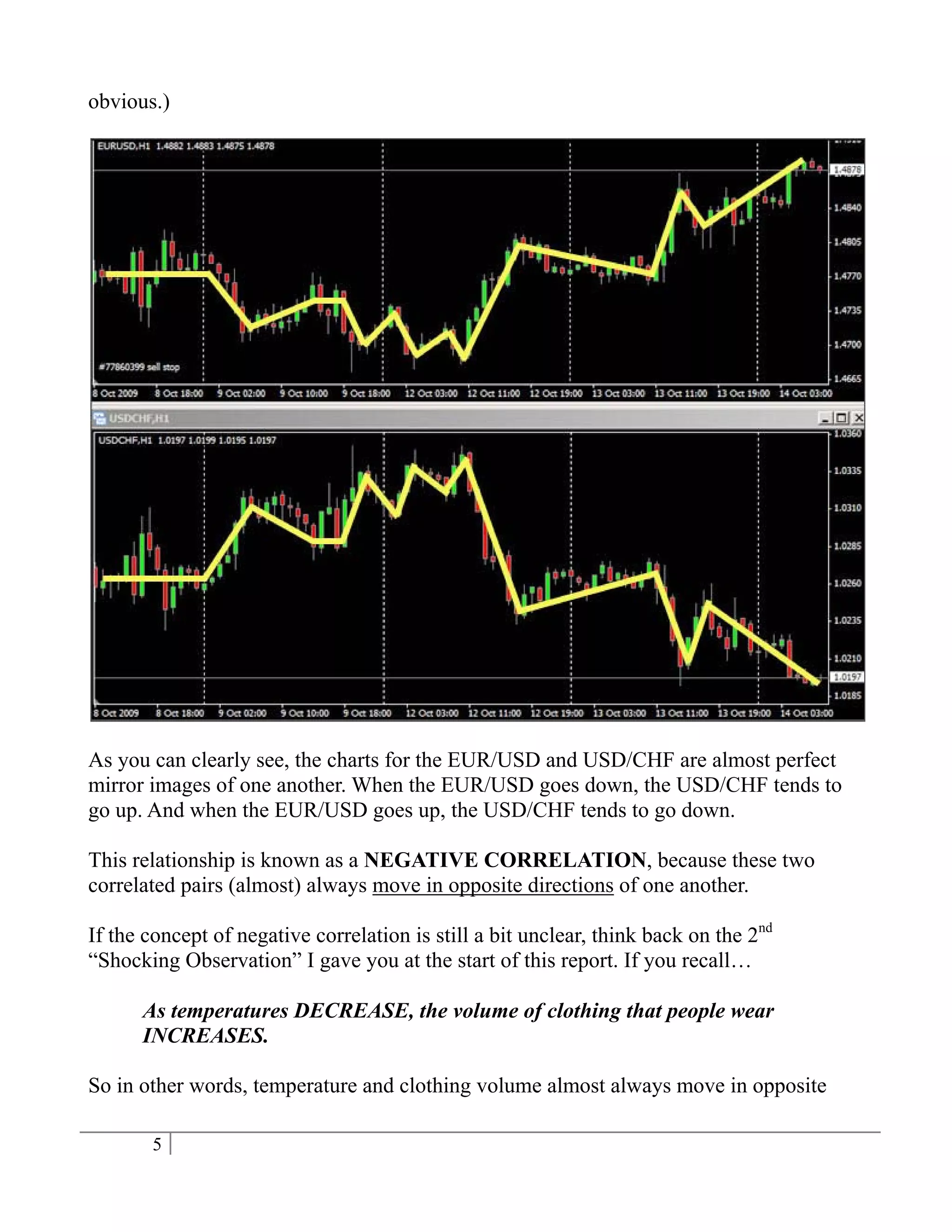 obvious.)




As you can clearly see, the charts for the EUR/USD and USD/CHF are almost perfect
mirror images of one another. When the EUR/USD goes down, the USD/CHF tends to
go up. And when the EUR/USD goes up, the USD/CHF tends to go down.

This relationship is known as a NEGATIVE CORRELATION, because these two
correlated pairs (almost) always move in opposite directions of one another.

If the concept of negative correlation is still a bit unclear, think back on the 2nd
“Shocking Observation” I gave you at the start of this report. If you recall…

      As temperatures DECREASE, the volume of clothing that people wear
      INCREASES.

So in other words, temperature and clothing volume almost always move in opposite

       5
 