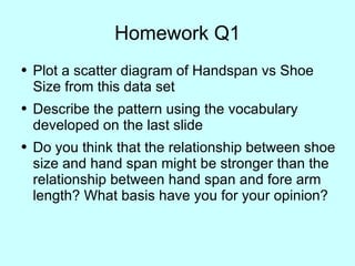 Homework Q1 Plot a scatter diagram of Handspan vs Shoe Size from this data set Describe the pattern using the vocabulary developed on the last slide Do you think that the relationship between shoe size and hand span might be stronger than the relationship between hand span and fore arm length? What basis have you for your opinion? 