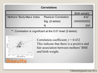 ©drtamil@gmail.com 2016
Results
Correlation coefficient; r = 0.432
This indicate that there is a positive and
fair association between mothers’ BMI
and birth weight.
 