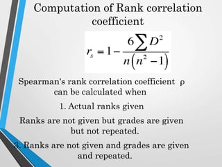 Computation of Rank correlation
coefficient
Spearman's rank correlation coefficient ρ
can be calculated when
1. Actual ranks given
Ranks are not given but grades are given
but not repeated.
3. Ranks are not given and grades are given
and repeated.
 