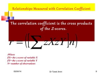05/04/14 Dr Tarek Amin 8
Relationships Measured with Correlation Coefficient
The correlation coefficient is the cross products
of the Z-scores.
[ ]( )nzXzYr ∑=
Where:
ZX= the z-score of variable X
ZY= the z-score of variable Y
N= number of observations
 