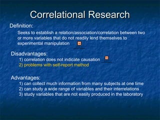 Correlational ResearchCorrelational Research
Definition:
Seeks to establish a relation/association/correlation between two
or more variables that do not readily lend themselves to
experimental manipulation
Disadvantages:
1) correlation does not indicate causation
2) problems with self-report method
Advantages:
1) can collect much information from many subjects at one time
2) can study a wide range of variables and their interrelations
3) study variables that are not easily produced in the laboratory
Microsoft
PowerPoint Presentation
Microsoft
PowerPoint Presentation
 