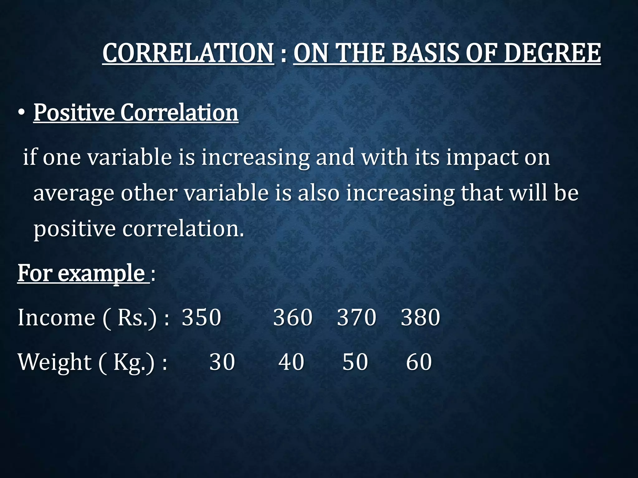 CORRELATION : ON THE BASIS OF DEGREE 
• Positive Correlation 
if one variable is increasing and with its impact on 
average other variable is also increasing that will be 
positive correlation. 
For example : 
Income ( Rs.) : 350 360 370 380 
Weight ( Kg.) : 30 40 50 60 
 