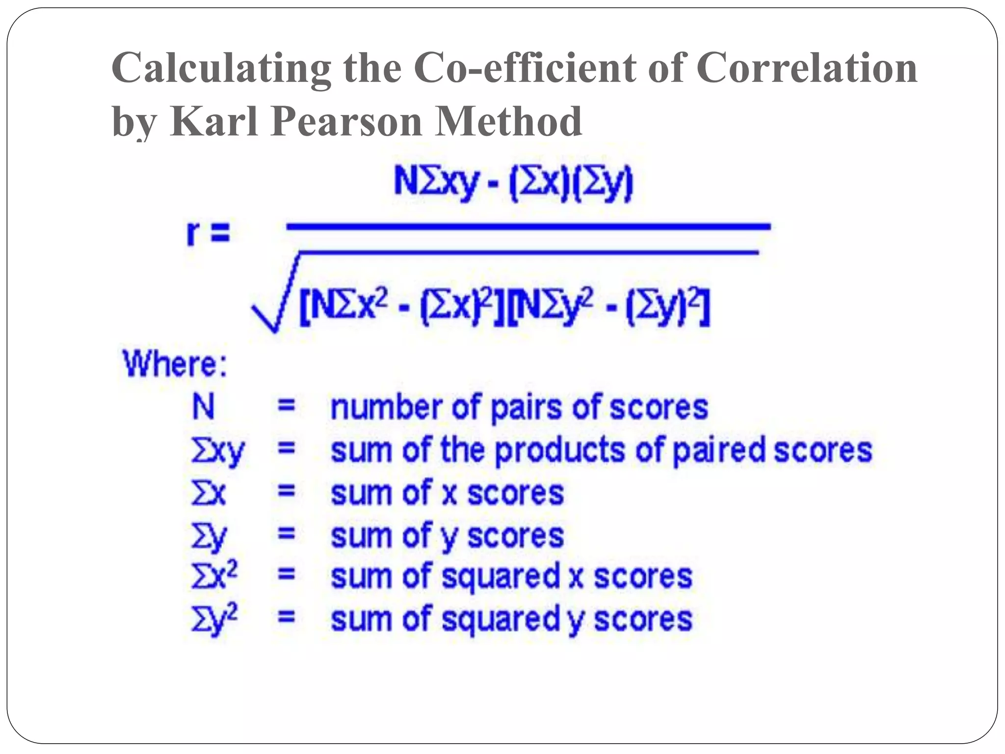 Calculating the Co-efficient of Correlation
by Karl Pearson Method
 