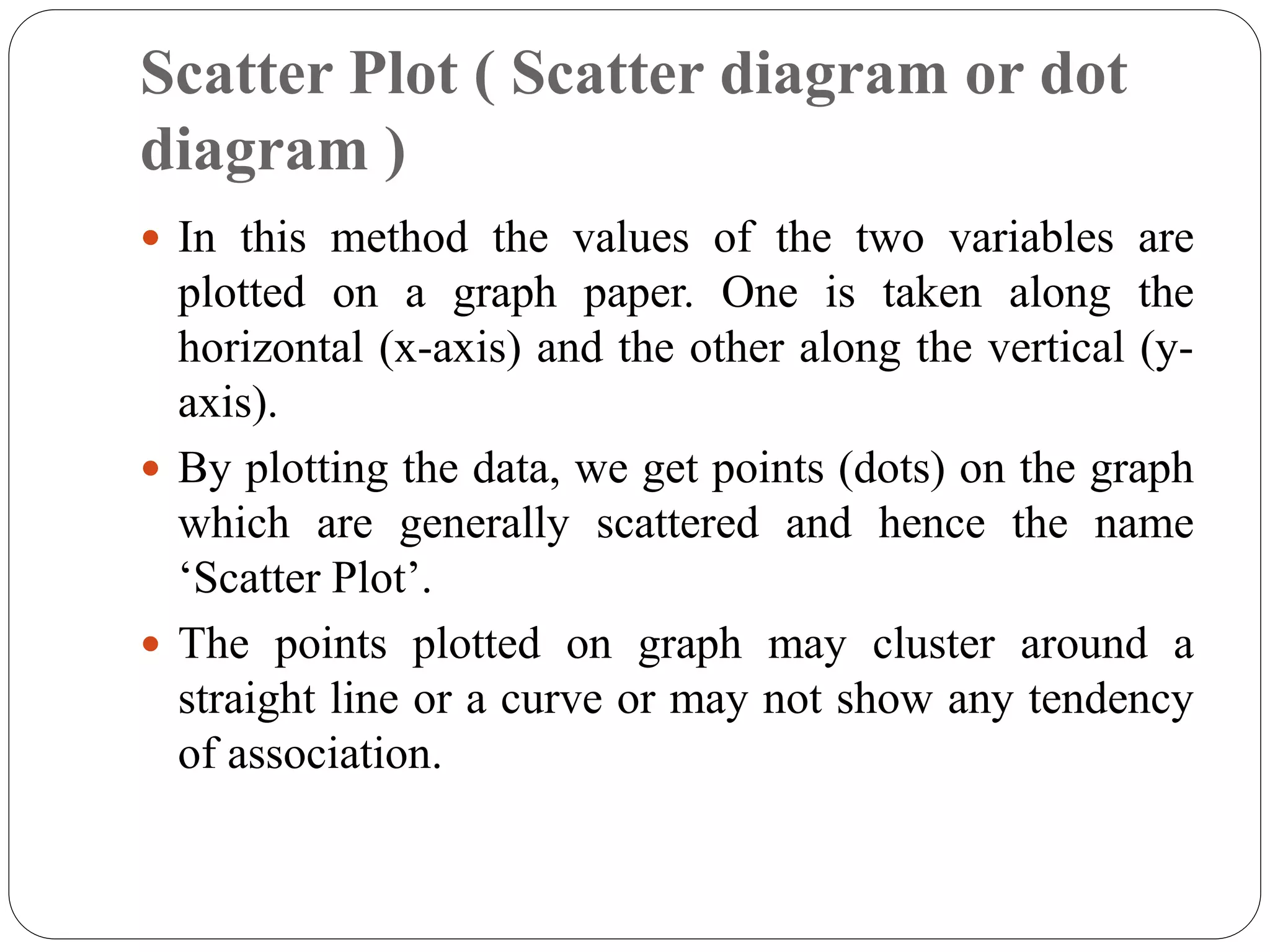 Scatter Plot ( Scatter diagram or dot
diagram )
 In this method the values of the two variables are
plotted on a graph paper. One is taken along the
horizontal (x-axis) and the other along the vertical (y-
axis).
 By plotting the data, we get points (dots) on the graph
which are generally scattered and hence the name
‘Scatter Plot’.
 The points plotted on graph may cluster around a
straight line or a curve or may not show any tendency
of association.
 
