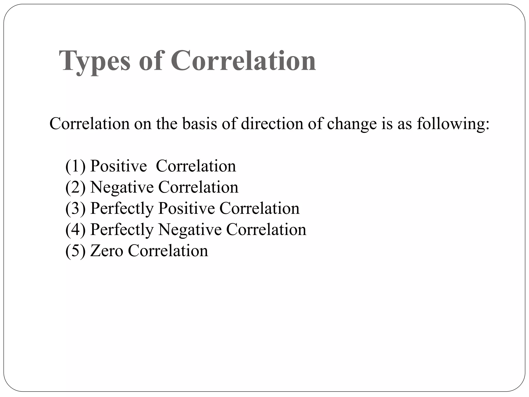Types of Correlation
Correlation on the basis of direction of change is as following:
(1) Positive Correlation
(2) Negative Correlation
(3) Perfectly Positive Correlation
(4) Perfectly Negative Correlation
(5) Zero Correlation
 