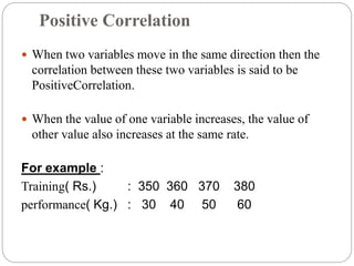 Positive Correlation
 When two variables move in the same direction then the
correlation between these two variables is said to be
PositiveCorrelation.
 When the value of one variable increases, the value of
other value also increases at the same rate.
For example :
Training( Rs.) : 350 360 370 380
performance( Kg.) : 30 40 50 60
 