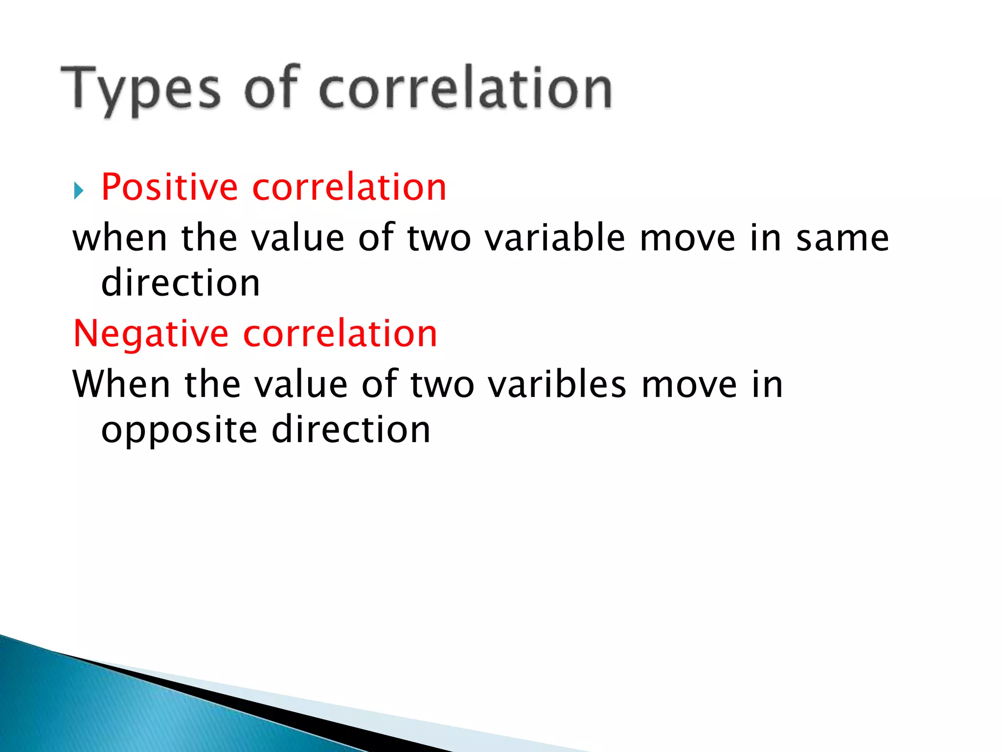  Positive correlation
when the value of two variable move in same
direction
Negative correlation
When the value of two varibles move in
opposite direction