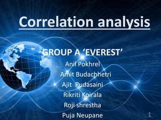 Correlation analysis
GROUP A ‘EVEREST’
Anil Pokhrel
Amit Budachhetri
Ajit Pudasaini
Rikriti Koirala
Roji shrestha
Puja Neupane 1
 