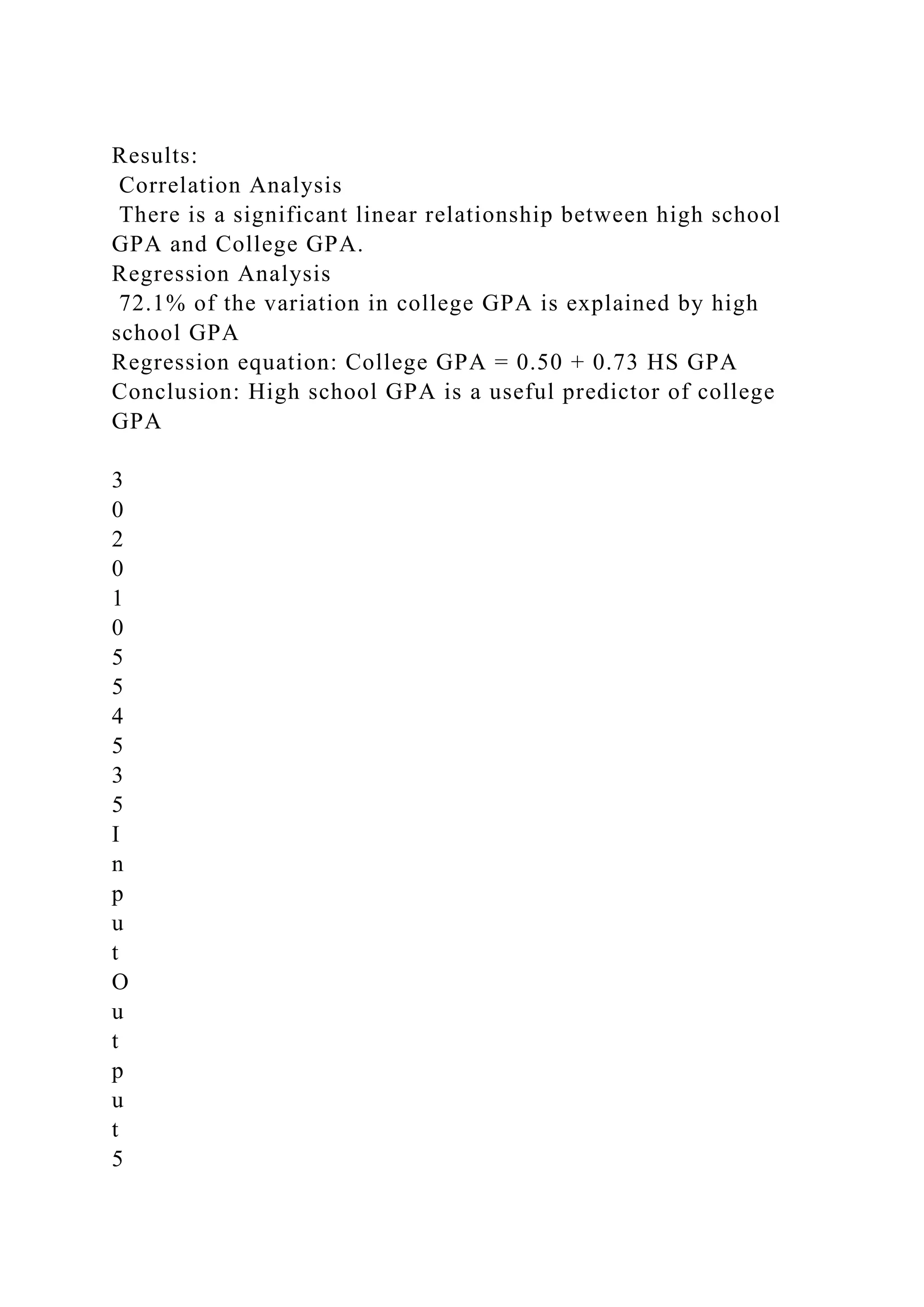Results:
Correlation Analysis
There is a significant linear relationship between high school
GPA and College GPA.
Regression Analysis
72.1% of the variation in college GPA is explained by high
school GPA
Regression equation: College GPA = 0.50 + 0.73 HS GPA
Conclusion: High school GPA is a useful predictor of college
GPA
3
0
2
0
1
0
5
5
4
5
3
5
I
n
p
u
t
O
u
t
p
u
t
5
 