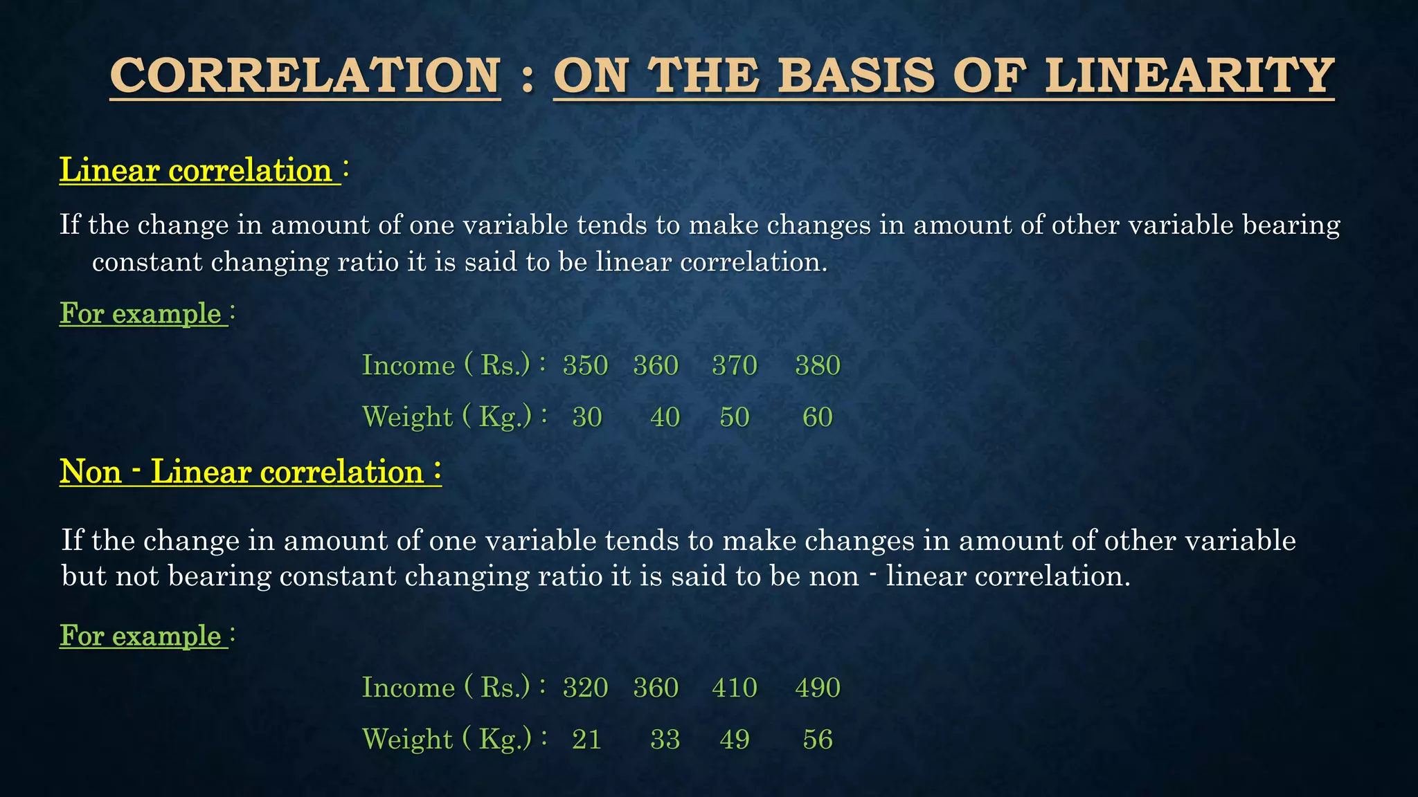 CORRELATION : ON THE BASIS OF LINEARITY
Linear correlation :
If the change in amount of one variable tends to make changes in amount of other variable bearing
constant changing ratio it is said to be linear correlation.
For example :
Income ( Rs.) : 350 360 370 380
Weight ( Kg.) : 30 40 50 60
Non - Linear correlation :
For example :
Income ( Rs.) : 320 360 410 490
Weight ( Kg.) : 21 33 49 56
If the change in amount of one variable tends to make changes in amount of other variable
but not bearing constant changing ratio it is said to be non - linear correlation.
 