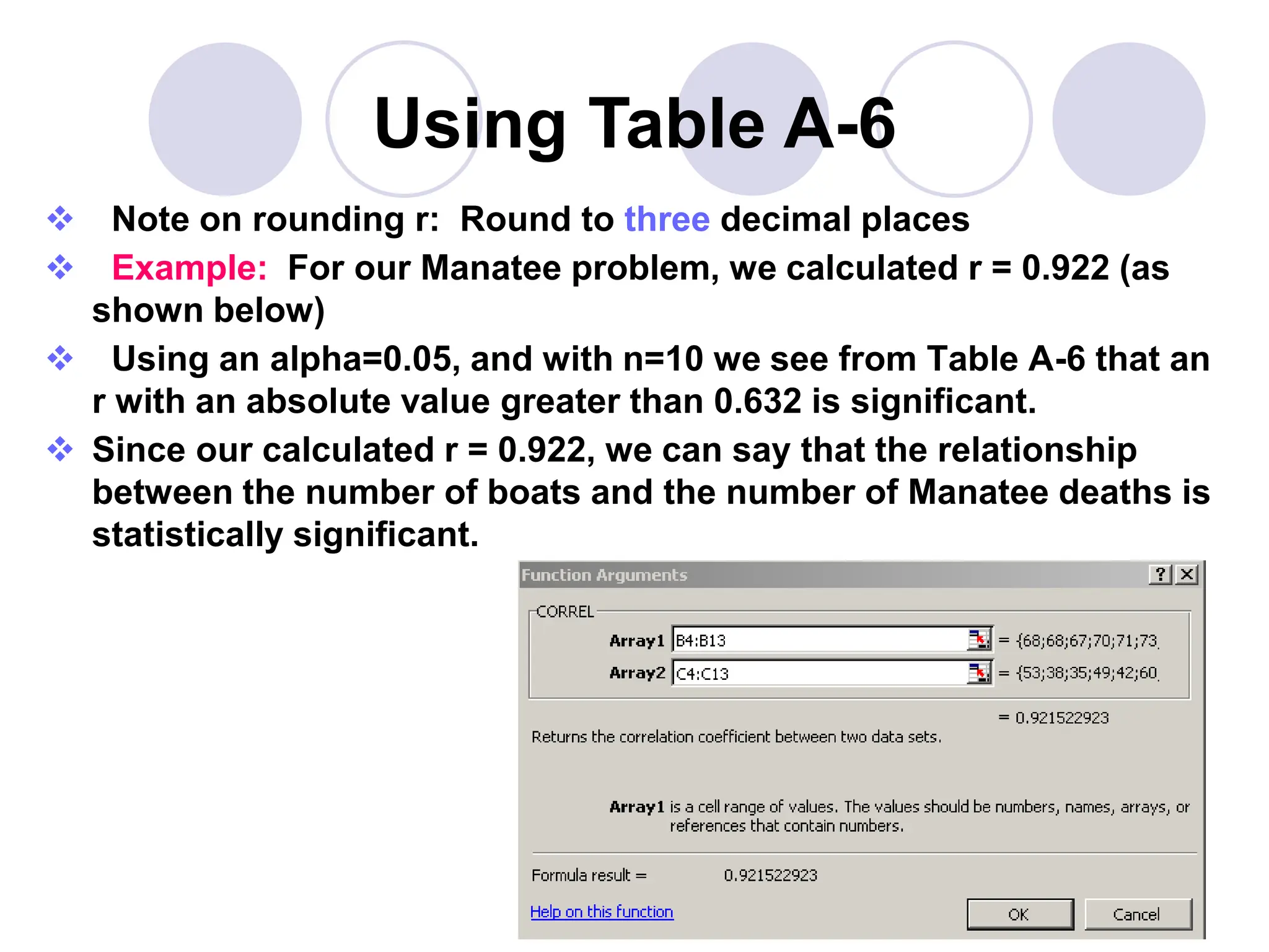  Note on rounding r: Round to three decimal places
 Example: For our Manatee problem, we calculated r = 0.922 (as
shown below)
 Using an alpha=0.05, and with n=10 we see from Table A-6 that an
r with an absolute value greater than 0.632 is significant.
 Since our calculated r = 0.922, we can say that the relationship
between the number of boats and the number of Manatee deaths is
statistically significant.
Using Table A-6
 