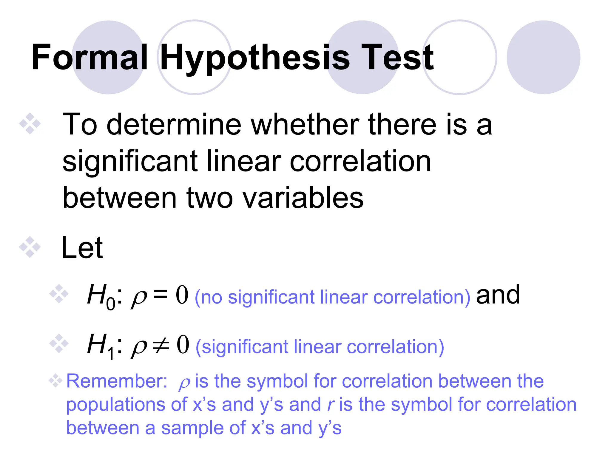 Formal Hypothesis Test
 To determine whether there is a
significant linear correlation
between two variables
 Let
 H0:  = (no significant linear correlation) and
 H1:   (significant linear correlation)
Remember:  is the symbol for correlation between the
populations of x’s and y’s and r is the symbol for correlation
between a sample of x’s and y’s
 