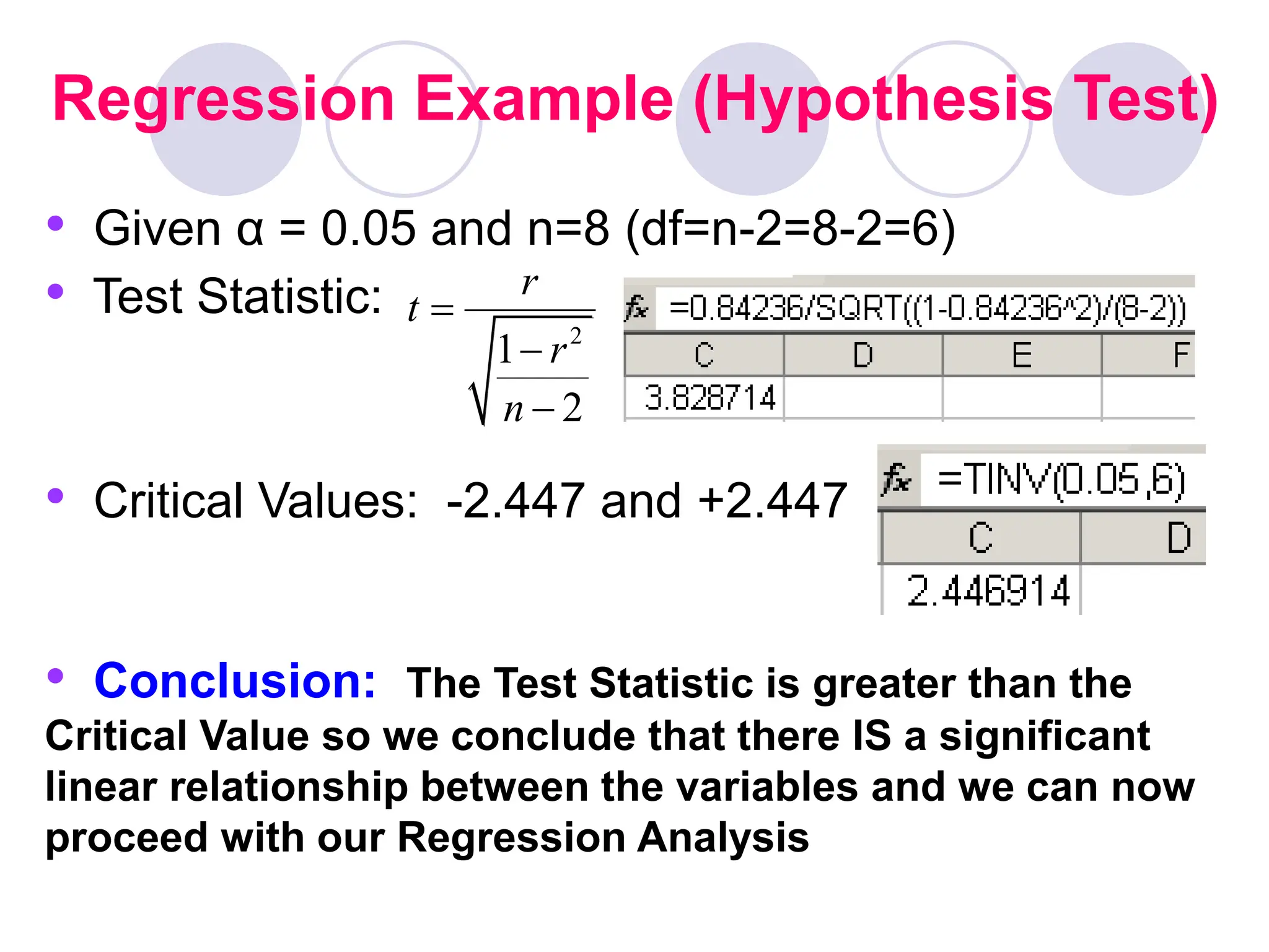 • Given α = 0.05 and n=8 (df=n-2=8-2=6)
• Test Statistic:
• Critical Values: -2.447 and +2.447
• Conclusion: The Test Statistic is greater than the
Critical Value so we conclude that there IS a significant
linear relationship between the variables and we can now
proceed with our Regression Analysis
Regression Example (Hypothesis Test)
2
1
2
r
t
r
n



 