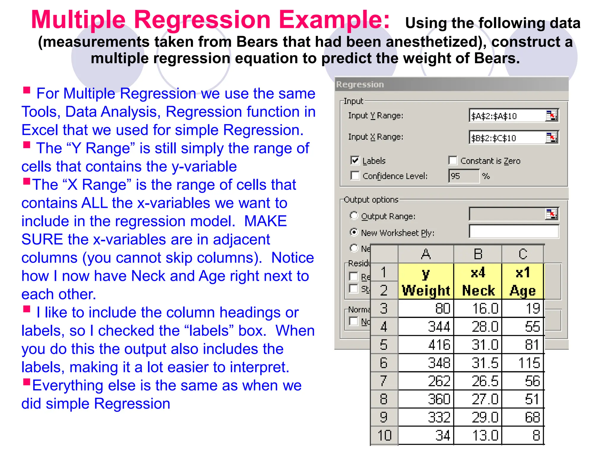 Multiple Regression Example: Using the following data
(measurements taken from Bears that had been anesthetized), construct a
multiple regression equation to predict the weight of Bears.
 For Multiple Regression we use the same
Tools, Data Analysis, Regression function in
Excel that we used for simple Regression.
 The “Y Range” is still simply the range of
cells that contains the y-variable
The “X Range” is the range of cells that
contains ALL the x-variables we want to
include in the regression model. MAKE
SURE the x-variables are in adjacent
columns (you cannot skip columns). Notice
how I now have Neck and Age right next to
each other.
 I like to include the column headings or
labels, so I checked the “labels” box. When
you do this the output also includes the
labels, making it a lot easier to interpret.
Everything else is the same as when we
did simple Regression
 