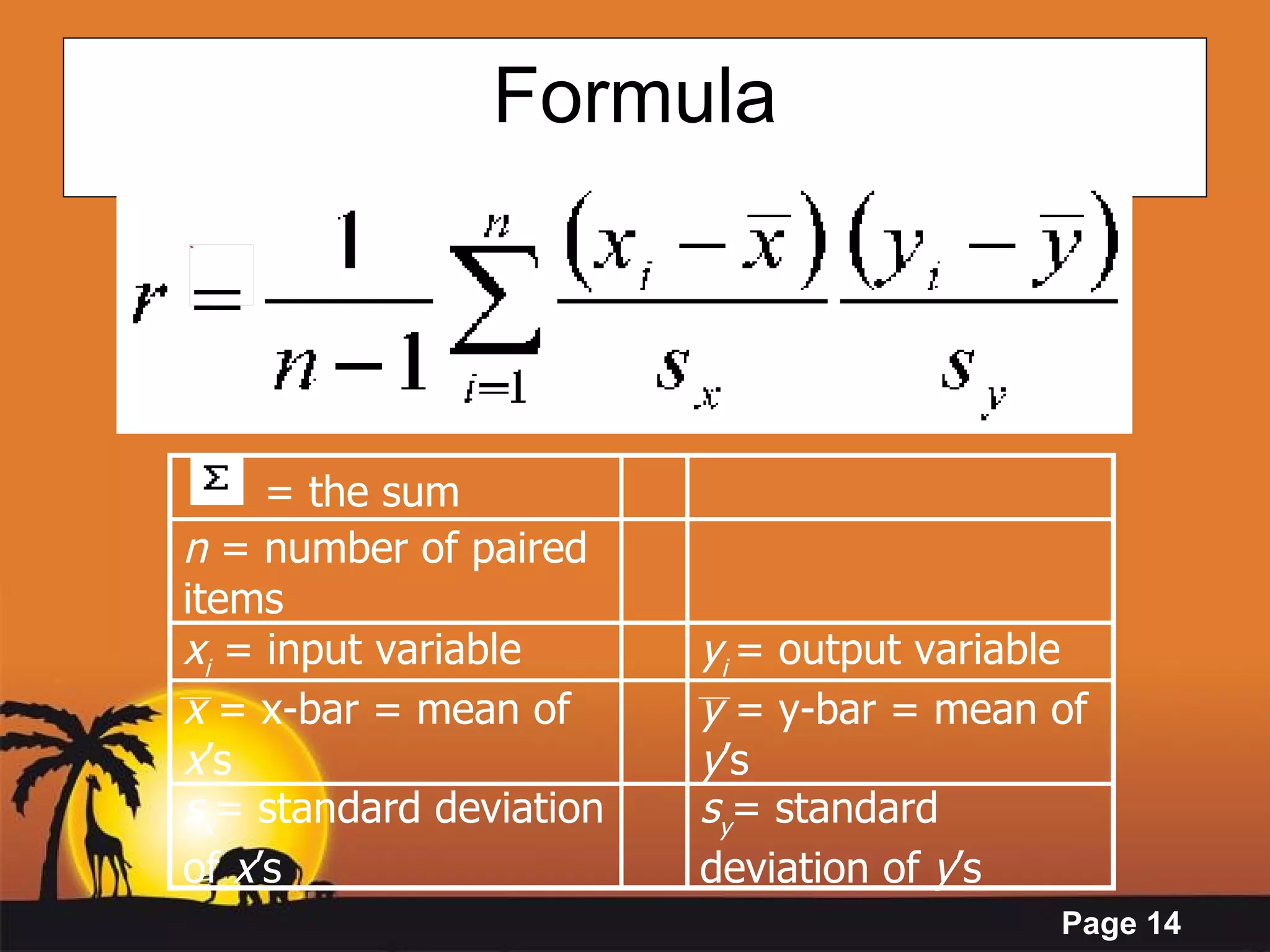 Formula       = the sum         n  = number of paired items       x i  = input variable y i   = output variable  x  = x-bar = mean of  x ’s y  = y-bar = mean of  y ’s s x = standard deviation of  x ’s s y = standard deviation of  y ’s 