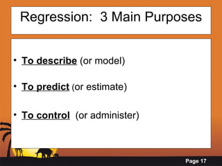 Regression:  3 Main Purposes To describe  (or model) To predict  ( or estimate)  To control   (or administer) 