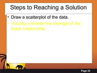 Steps to Reaching a Solution Draw a scatterplot of the data. Visually, consider the strength of the linear relationship. 