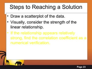 Steps to Reaching a Solution Draw a scatterplot of the data. Visually, consider the strength of the linear relationship. If the relationship appears relatively strong, find the correlation coefficient as a numerical verification. 