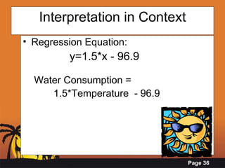 Interpretation in Context Regression Equation:  y=1.5*x - 96.9 Water Consumption =  1.5*Temperature  - 96.9    