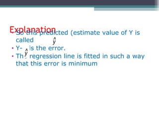 Explanation• So this predicted (estimate value of Y is
called
• Y- is the error.
• The regression line is fitted in such a way
that this error is minimum
 