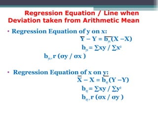 Regression Equation / Line when
Deviation taken from Arithmetic Mean
• Regression Equation of y on x:
Y – Y = byx (X –X)
byx = ∑xy / ∑x2
byx=r (σy / σx )
• Regression Equation of x on y:
X – X = bxy(Y –Y)
bxy = ∑xy / ∑y2
bxy=r (σx / σy )
 