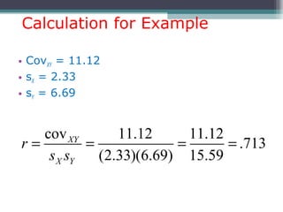 Calculation for Example
• CovXY = 11.12
• sX = 2.33
• sY = 6.69
cov 11.12 11.12
.713
(2.33)(6.69) 15.59
XY
X Y
r
s s
= = = =
 