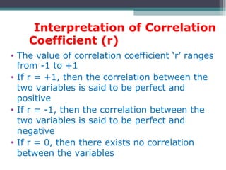 Interpretation of Correlation
Coefficient (r)
• The value of correlation coefficient ‘r’ ranges
from -1 to +1
• If r = +1, then the correlation between the
two variables is said to be perfect and
positive
• If r = -1, then the correlation between the
two variables is said to be perfect and
negative
• If r = 0, then there exists no correlation
between the variables
 