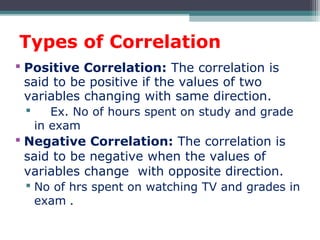 Types of Correlation
 Positive Correlation: The correlation is
said to be positive if the values of two
variables changing with same direction.
 Ex. No of hours spent on study and grade
in exam
 Negative Correlation: The correlation is
said to be negative when the values of
variables change with opposite direction.
 No of hrs spent on watching TV and grades in
exam .
 