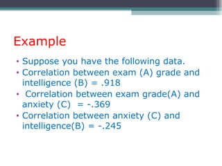 Example
• Suppose you have the following data.
• Correlation between exam (A) grade and
intelligence (B) = .918
• Correlation between exam grade(A) and
anxiety (C) = -.369
• Correlation between anxiety (C) and
intelligence(B) = -.245
 