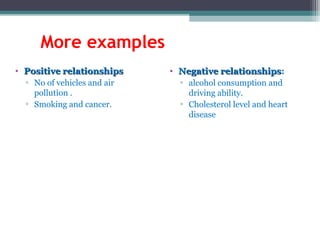More examples
• Positive relationshipsPositive relationships
▫ No of vehicles and air
pollution .
▫ Smoking and cancer.
• Negative relationshipsNegative relationships:
▫ alcohol consumption and
driving ability.
▫ Cholesterol level and heart
disease
 