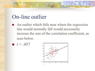 On-line outlier
 An outlier which falls near where the regression
line would normally fall would necessarily
increase the size of the correlation coefficient, as
seen below.
 r = .457
 