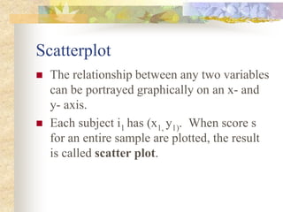 Scatterplot
 The relationship between any two variables
can be portrayed graphically on an x- and
y- axis.
 Each subject i1 has (x1, y1). When score s
for an entire sample are plotted, the result
is called scatter plot.
 