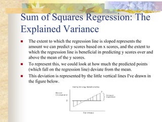 Sum of Squares Regression: The
Explained Variance
 The extent to which the regression line is sloped represents the
amount we can predict y scores based on x scores, and the extent to
which the regression line is beneficial in predicting y scores over and
above the mean of the y scores.
 To represent this, we could look at how much the predicted points
(which fall on the regression line) deviate from the mean.
 This deviation is represented by the little vertical lines I've drawn in
the figure below.
 
