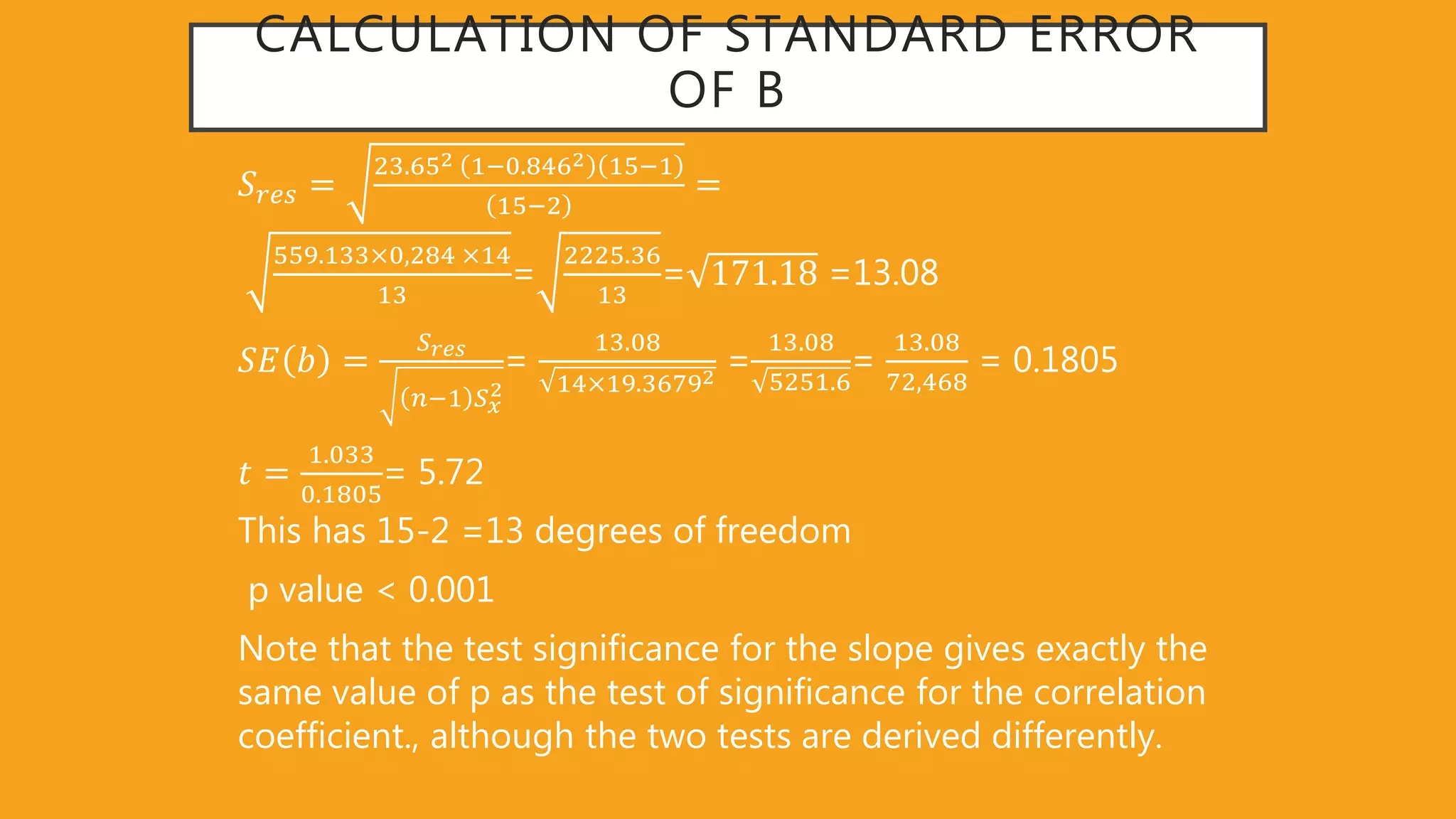 CALCULATION OF STANDARD ERROR
OF B
𝑆𝑟𝑒𝑠 =
23 652 1−0 8462 15−1
15−2
=
559 133 0,284 14
13
=
2225 36
13
= 171 18 =13.08
𝑆𝐸 𝑏 =
𝑆 𝑟𝑒𝑠
𝑛−1 𝑆 𝑥
2
=
13 08
14 19 36792
=
13 08
5251 6
=
13 08
72,468
= 0.1805
𝑡 =
1 033
0 1805
= 5.72
This has 15-2 =13 degrees of freedom
p value < 0.001
Note that the test significance for the slope gives exactly the
same value of p as the test of significance for the correlation
coefficient., although the two tests are derived differently.
 