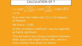 CALCULATION OF T
𝑡 = 0 847
15−2
1−0 8472 = 0 847
13
0 283
= 0.847 45 9
=5.74
If we enter the t table with (15-2=13) degrees
of freedom
We find p < 0.001
So the correlation coefficient may be regarded
as highly significant .
Thus we have a very strong correlation between
dead space and height of the child , which is
most unlikely have arisen by chance.
 