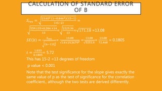 CALCULATION OF STANDARD ERROR
OF B
𝑆𝑟𝑒𝑠 =
23 652 1−0 8462 15−1
15−2
=
559 133 0,284 14
13
=
2225 36
13
= 171 18 =13.08
𝑆𝐸 𝑏 =
𝑆 𝑟𝑒𝑠
𝑛−1 𝑆 𝑥
2
=
13 08
14 19 36792
=
13 08
5251 6
=
13 08
72,468
= 0.1805
𝑡 =
1 033
0 1805
= 5.72
This has 15-2 =13 degrees of freedom
p value < 0.001
Note that the test significance for the slope gives exactly the
same value of p as the test of significance for the correlation
coefficient., although the two tests are derived differently.
 